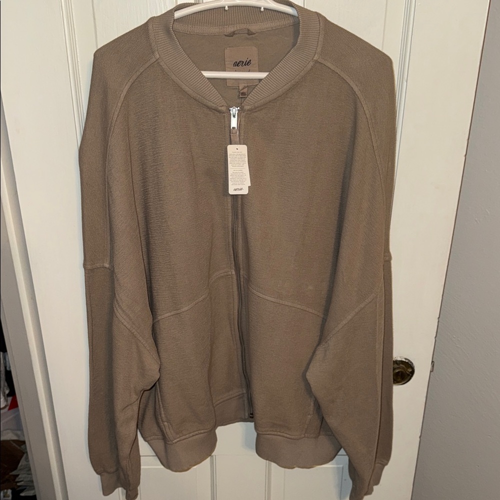 Aerie Zip Up Sweater in Tan